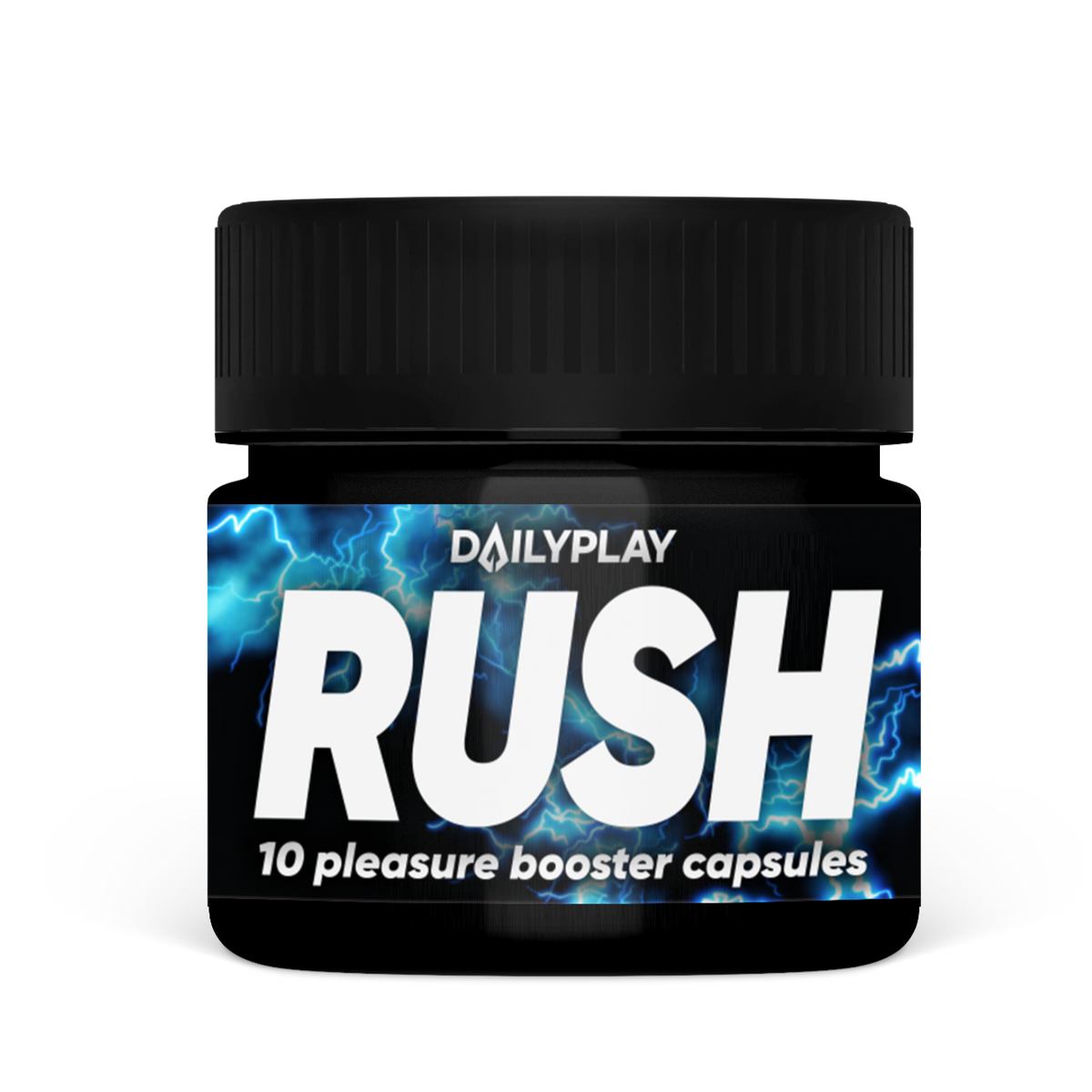 Jar of Dailyplay Rush libido capsules, 10 pleasure booster capsules, front