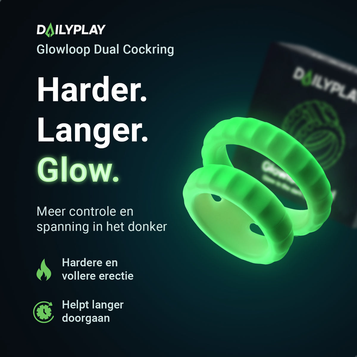 Glowloop Dual cock ring: harder, longer and glow, more control and excitement in the dark