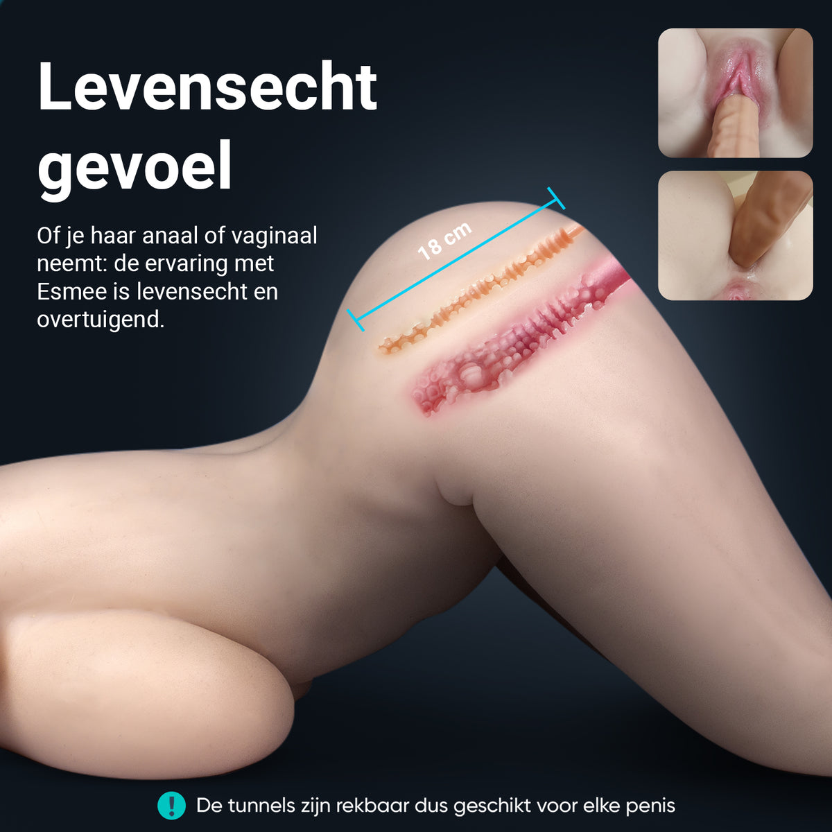 Esmee sex doll infographic: lifelike feel, stretchy vaginal and anal tunnel of 18 cm