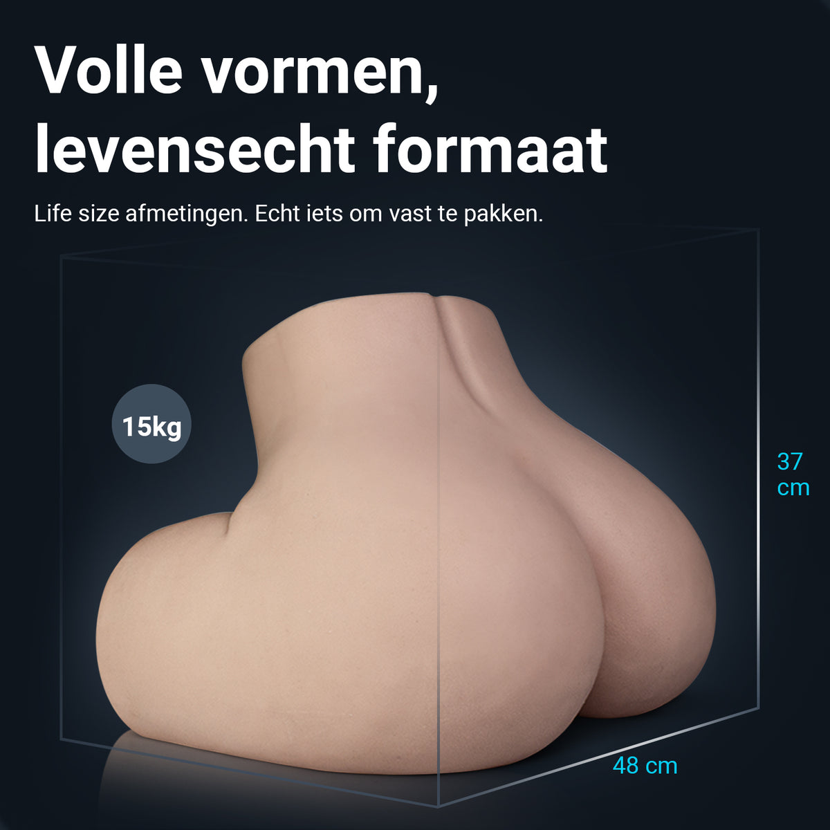 Loes butt dimensions: 48 cm wide, 37 cm high, 15 kg