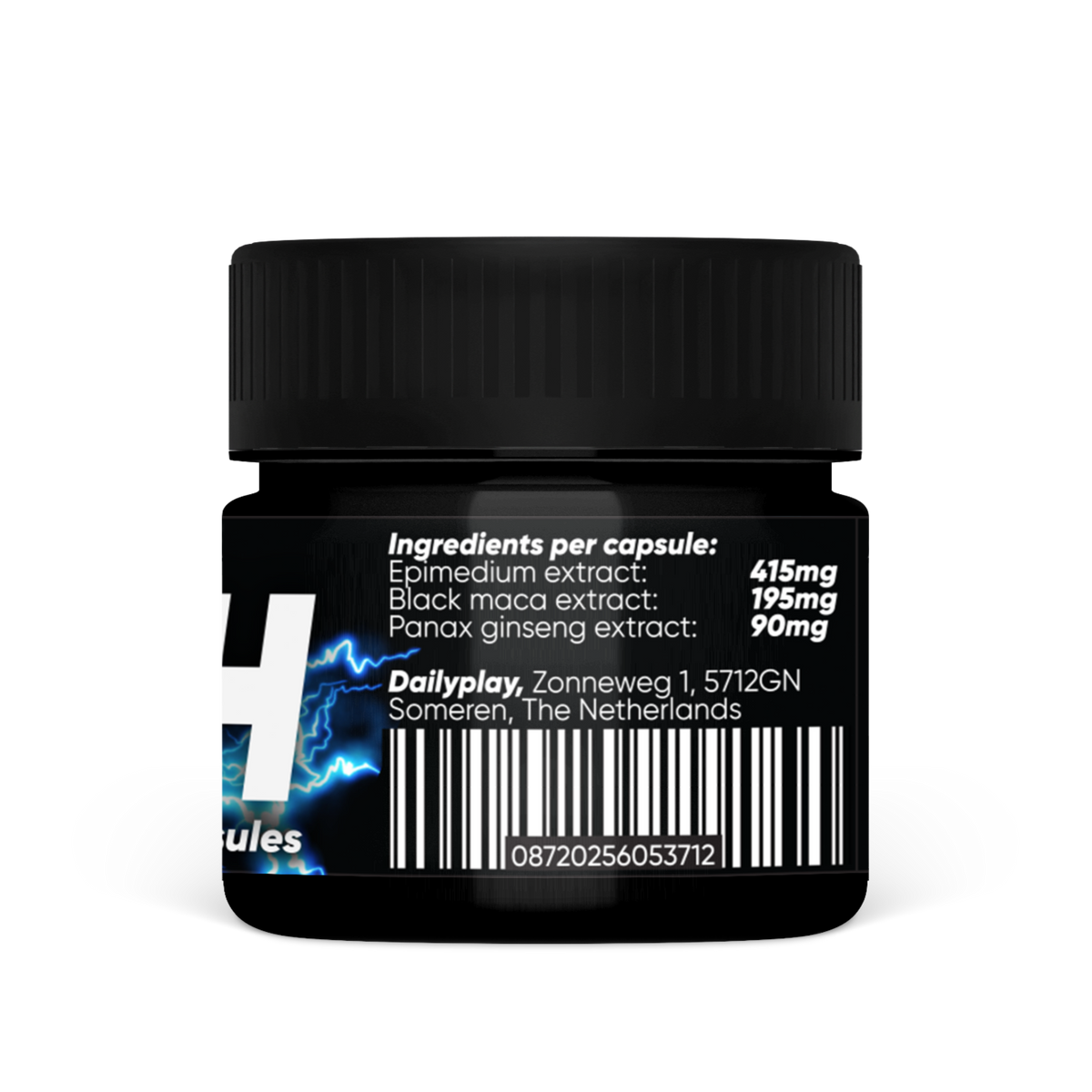 Back of Dailyplay Rush: ingredients per capsule, epimedium, black maca and panax ginseng