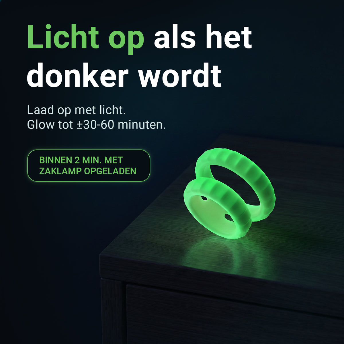 Glowloop Dual cock ring glows in the dark, charges with light, glows for 30 to 60 minutes