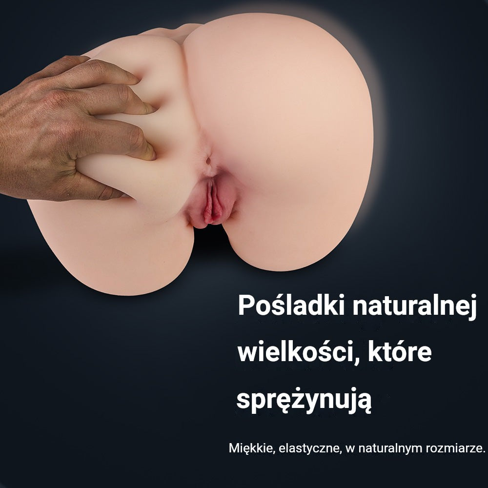 Infografika sztucznych pośladków Jessica: pośladki naturalnej wielkości, które podskakują, miękkie i elastyczne