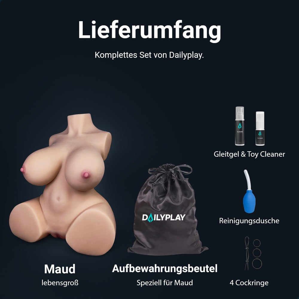 Lieferumfang Maud: Torso, Aufbewahrungsbeutel, Gleitgel, Toy Cleaner, Reinigungsdusche und 4 Penisringe