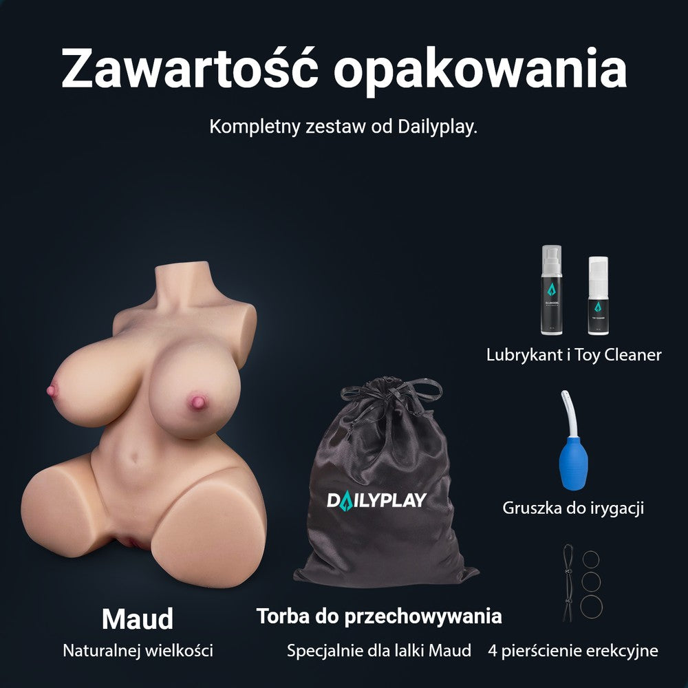 Zawartość opakowania Maud: tors, torba do przechowywania, lubrykant, Toy Cleaner, gruszka do irygacji i 4 pierścienie erekcyjne