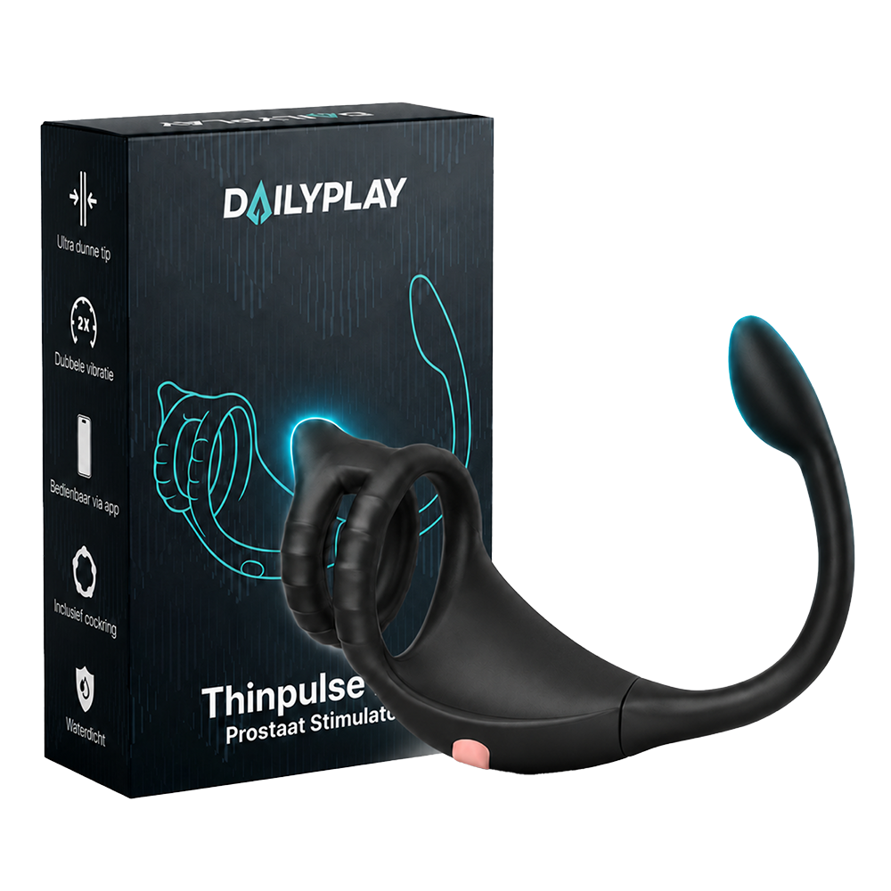 Thinpulse Pro Prostatastimulator mit doppeltem Penisring neben der Dailyplay Verpackung