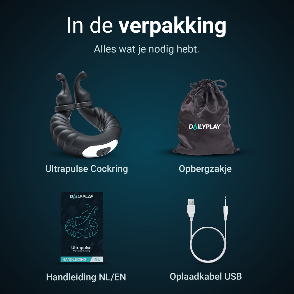 What's in the box: Ultrapulse cock ring, storage bag, manual and USB charging cable