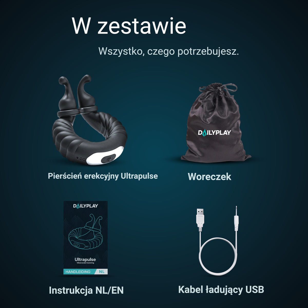 Zawartość opakowania: pierścień erekcyjny Ultrapulse, woreczek do przechowywania, instrukcja i kabel ładujący USB