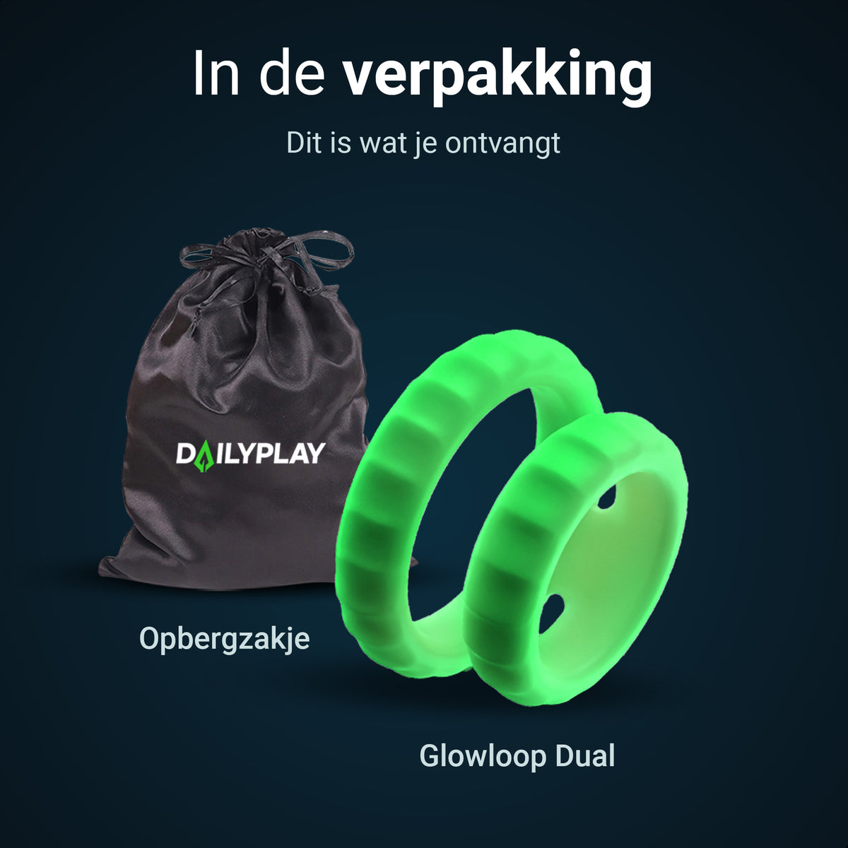 What's in the box: Glowloop Dual cock ring and storage bag