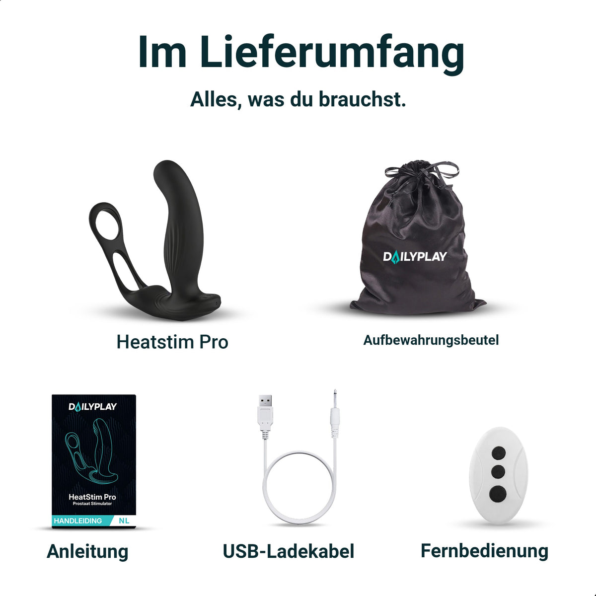 Lieferumfang: Heatstim Pro, Aufbewahrungsbeutel, Anleitung, USB-Ladekabel und Fernbedienung