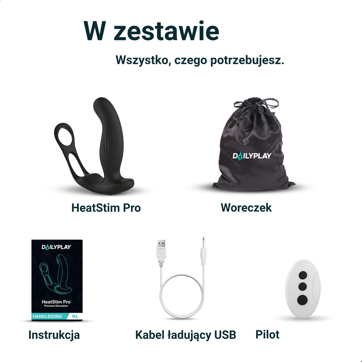 Zawartość opakowania: Heatstim Pro, woreczek do przechowywania, instrukcja, kabel ładujący USB i pilot