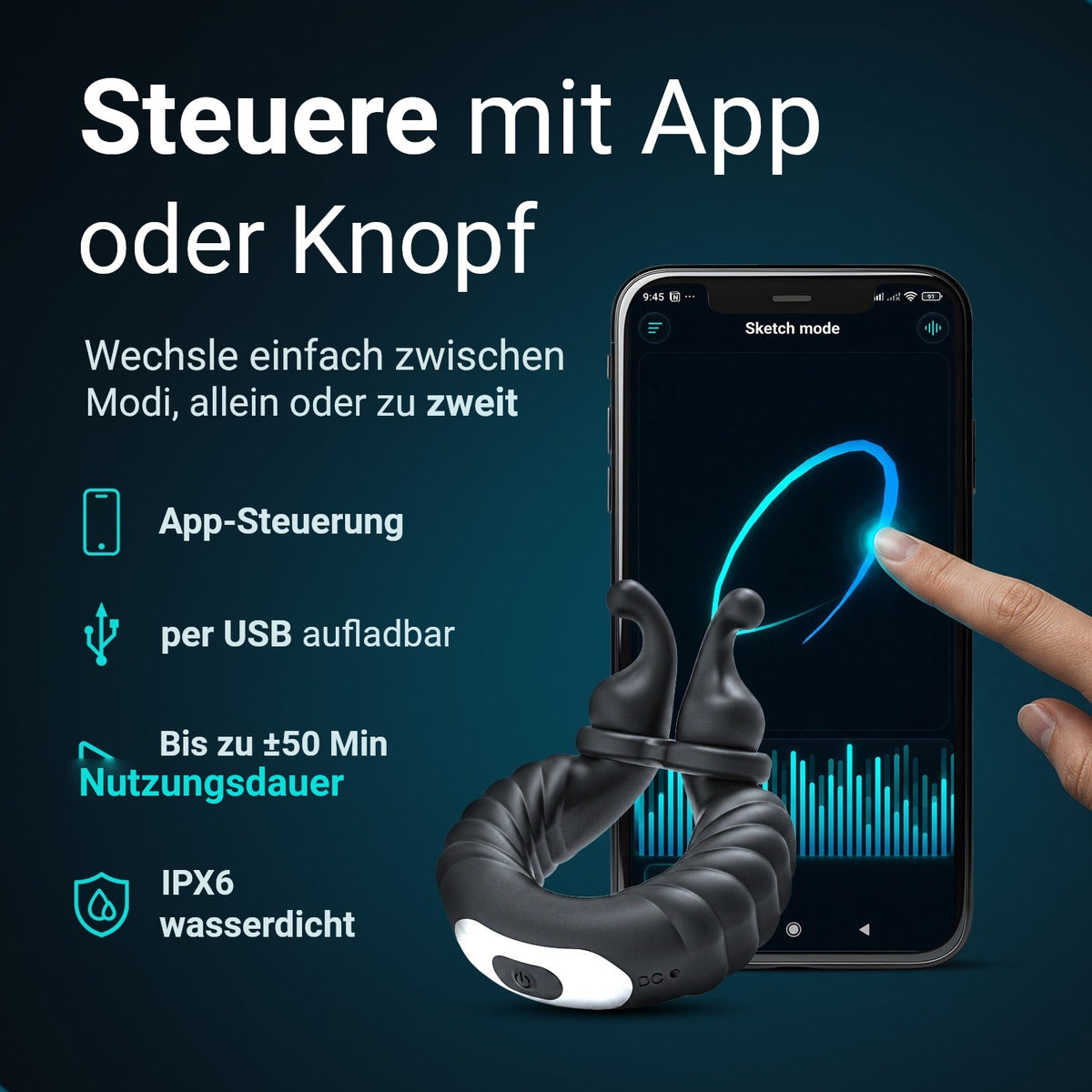 Ultrapulse Penisring: App-Steuerung, per USB aufladbar, bis zu 50 Min. Laufzeit, IPX6 wasserdicht