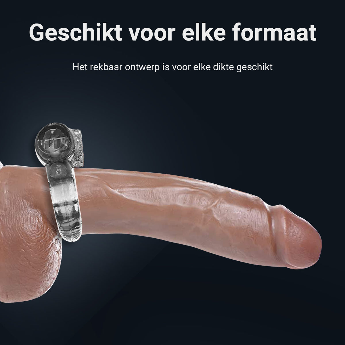 Vibrating cock ring around a dildo: stretchy design, fits any size