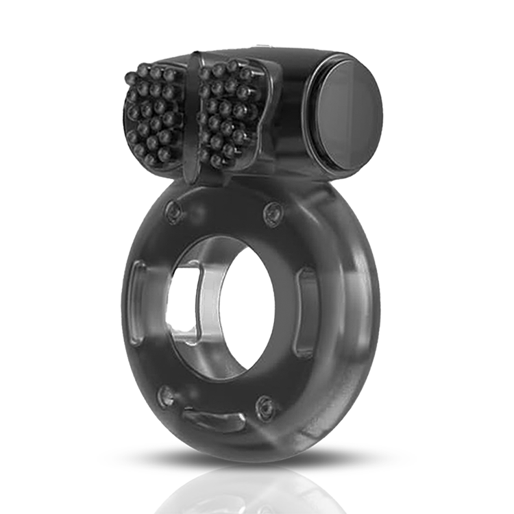 Vibrating cock ring with clitoral stimulator, nubs and vibrating element, front view