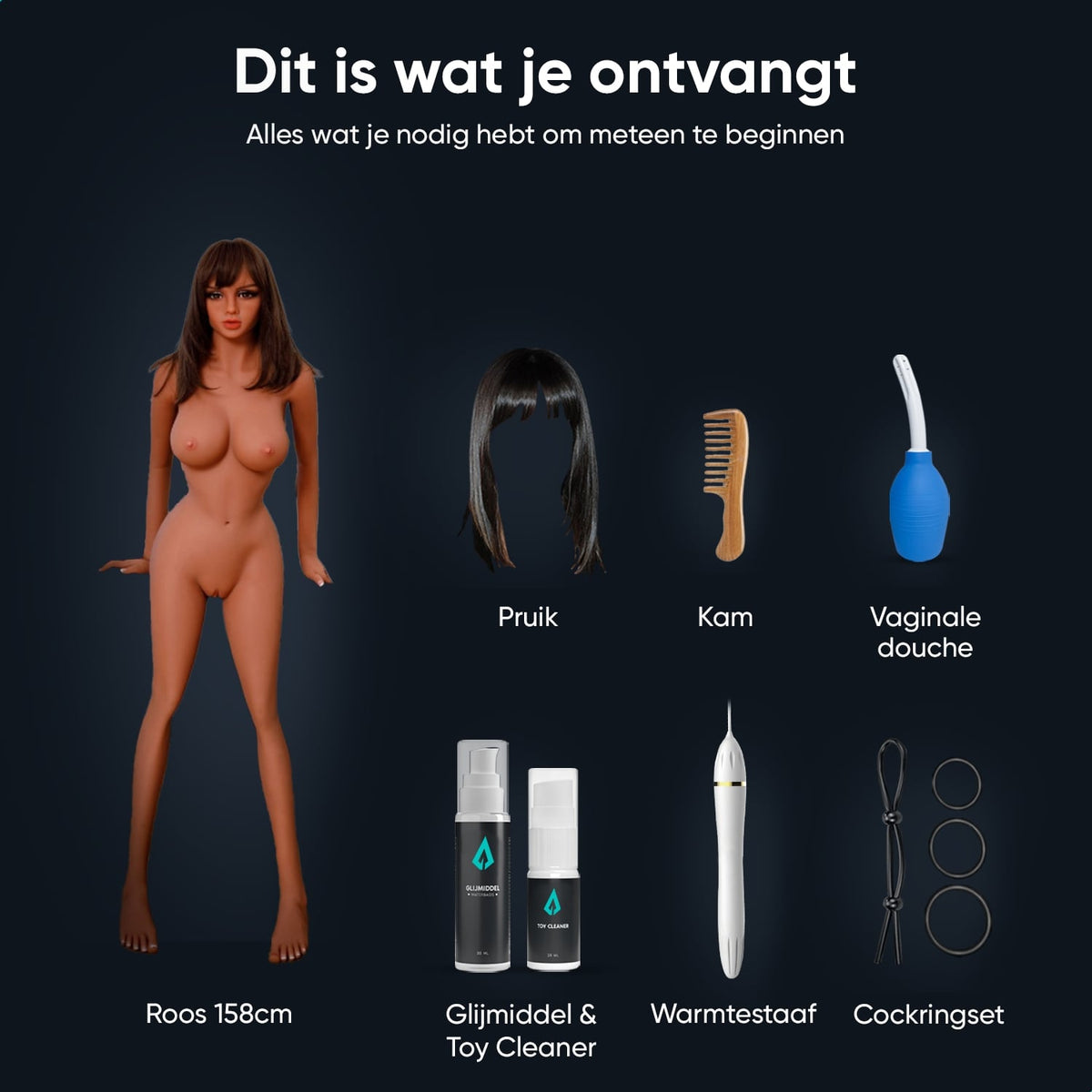 What's in the box, sex doll Roos 158 cm: doll, wig, comb, vaginal douche, lube, Toy Cleaner, heating rod and cock ring set