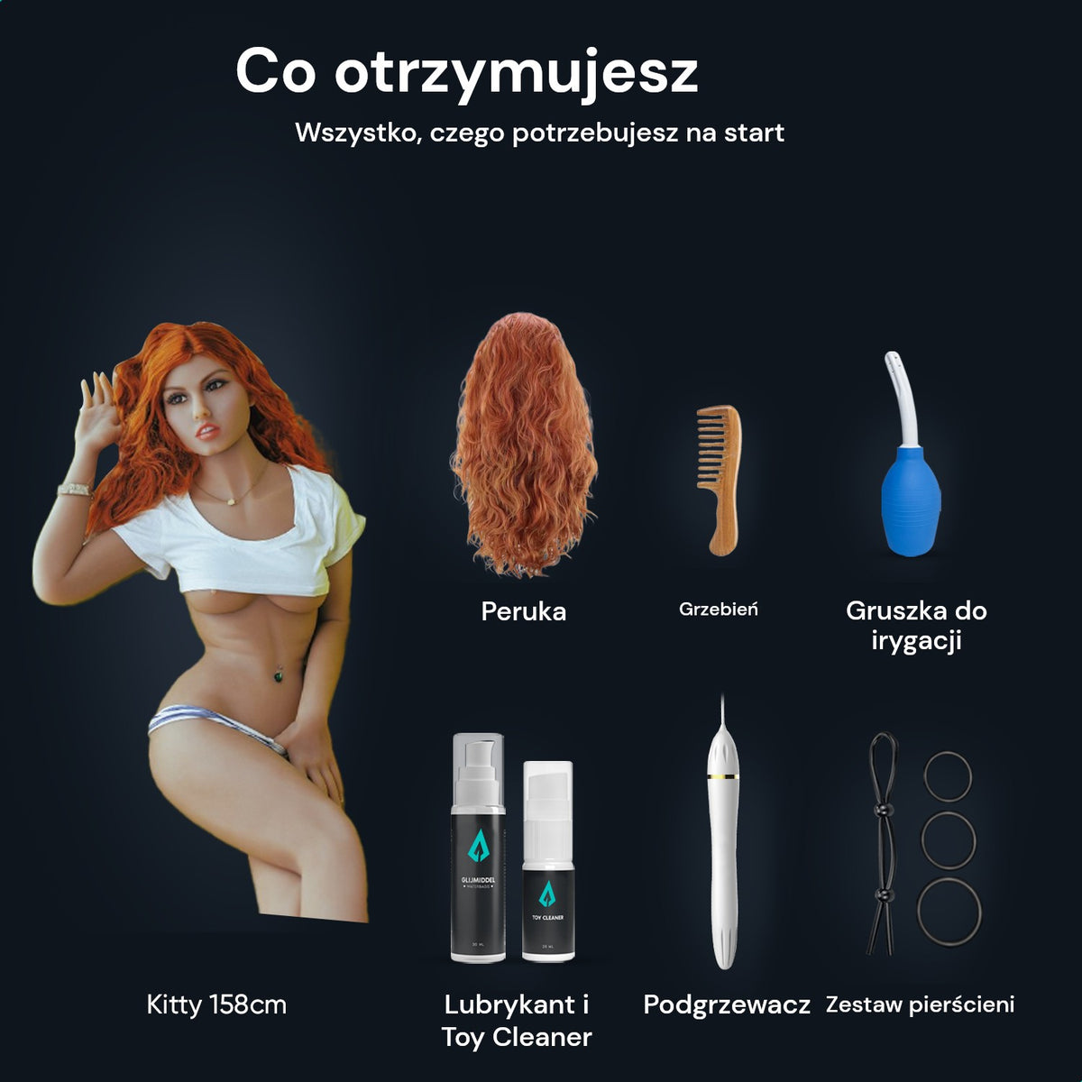 Zawartość opakowania sex lalki Kitty 158 cm: lalka, peruka, grzebień, gruszka do irygacji, lubrykant, Toy Cleaner, podgrzewacz i zestaw pierścieni erekcyjnych