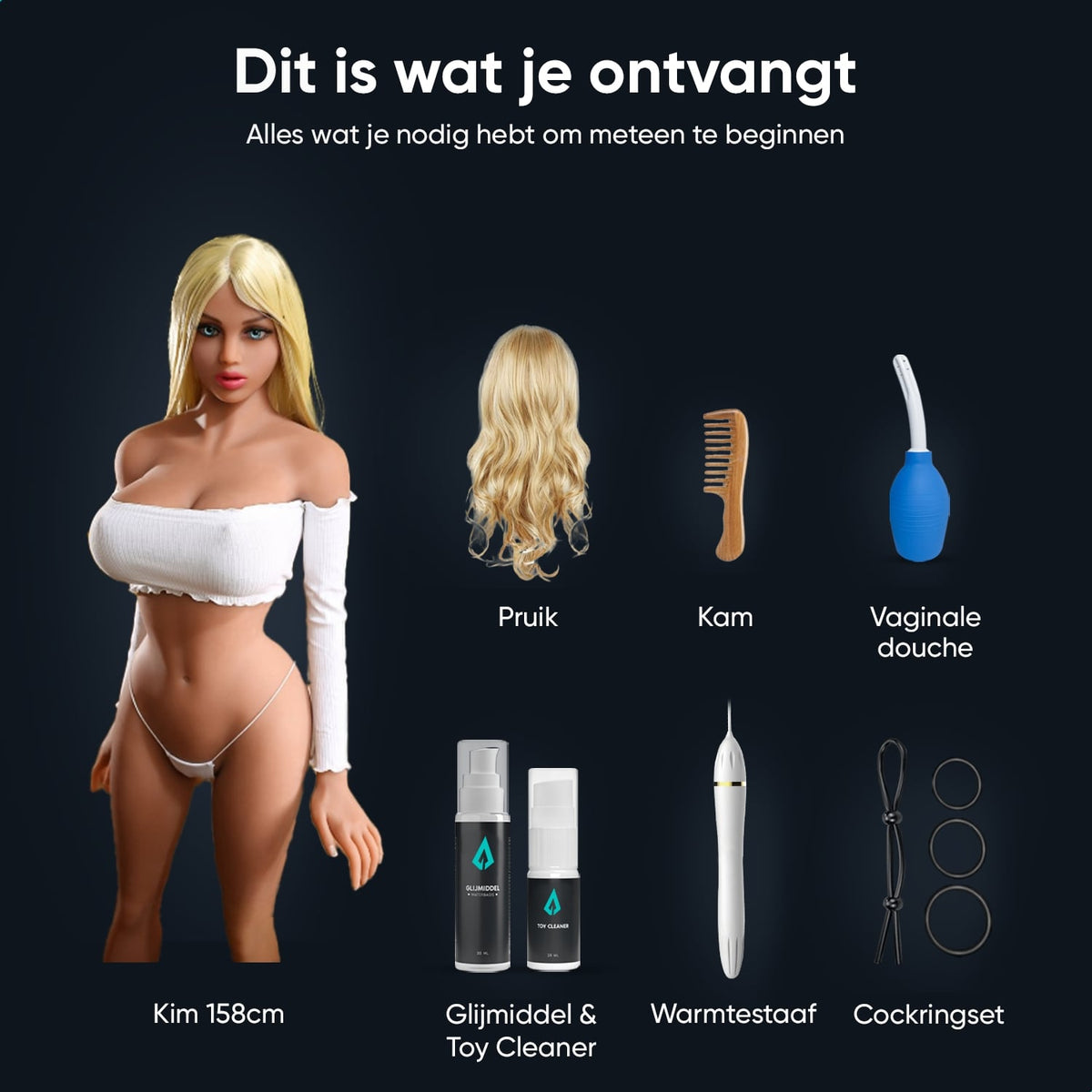 What's in the box, sex doll Kim 158 cm: doll, wig, comb, vaginal douche, lube, Toy Cleaner, heating rod and cock ring set