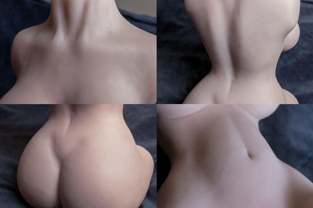 Four detail photos of sex doll Sara: neck, back, butt and belly