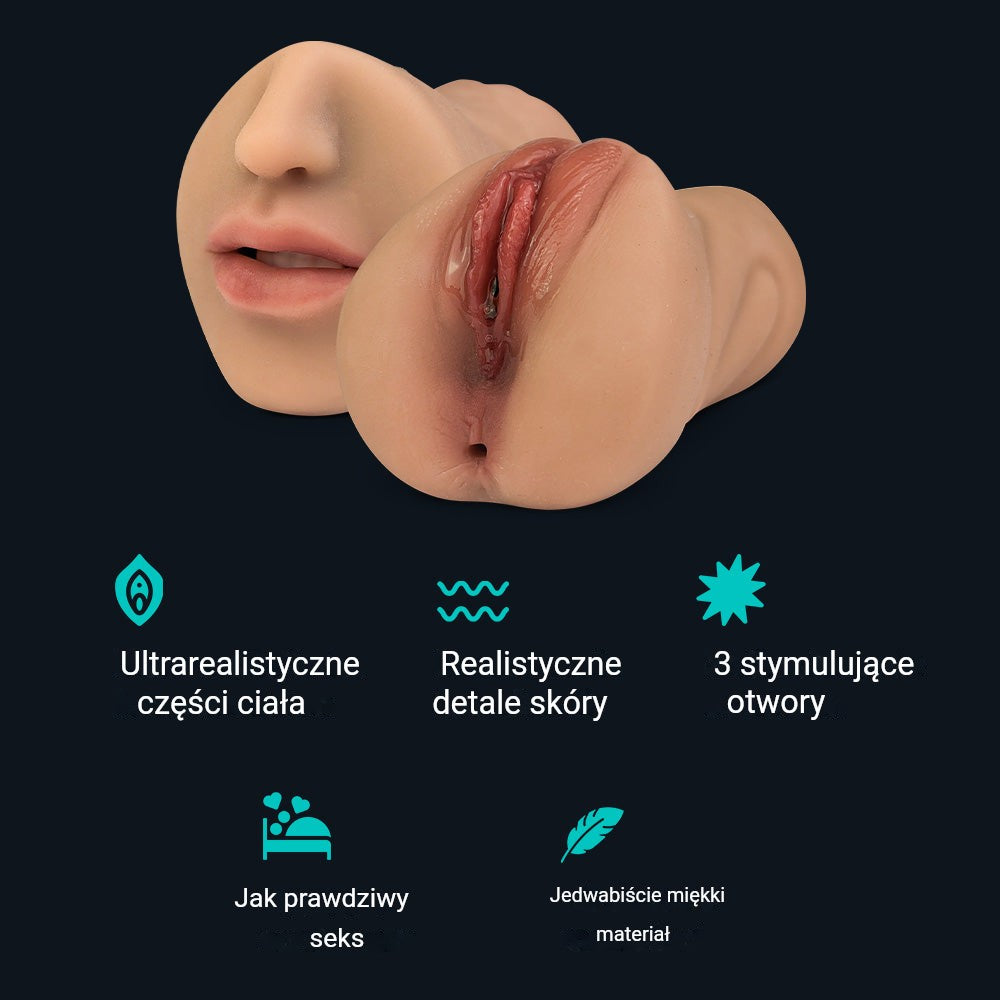 Cechy masturbatora Emily: ultrarealistyczne części ciała, realistyczne detale skóry, 3 stymulujące otwory, jedwabiście miękki materiał