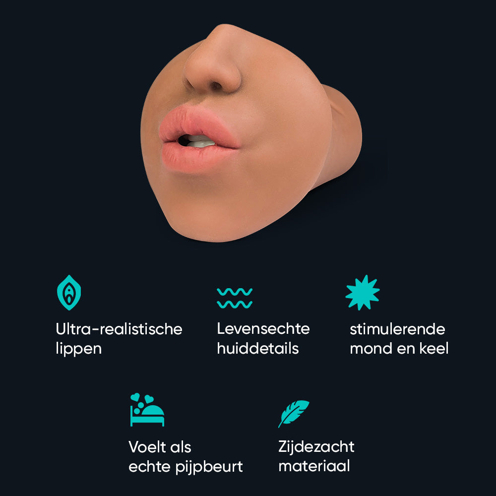 Features of Julia blowjob masturbator: realistic lips, lifelike skin detail, stimulating mouth and throat, silky soft material