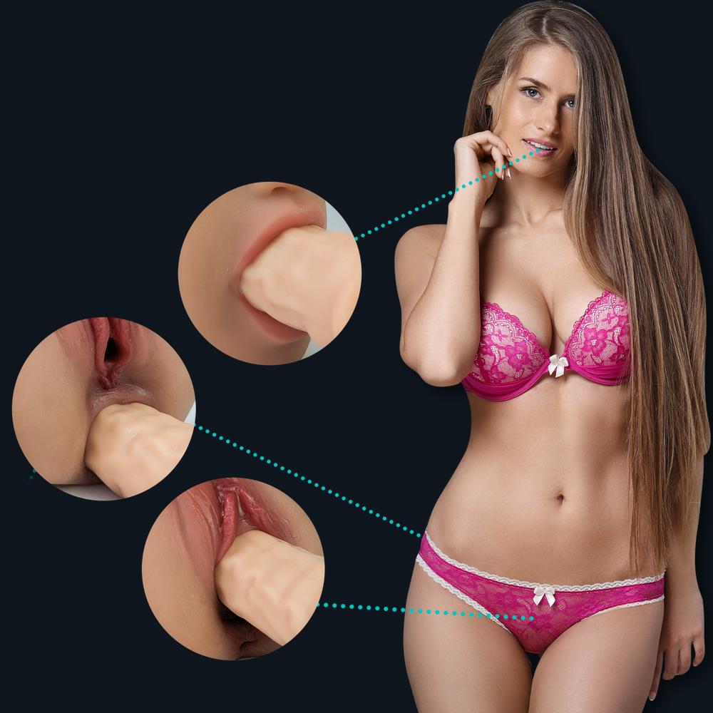 Woman in pink lingerie with three close-ups of Emily's mouth, vaginal and anal openings in use