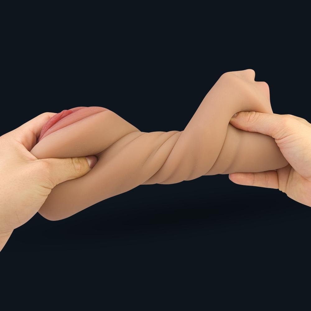 Emily pocket pussy stretched and twisted between two hands: flexible, tear-resistant material