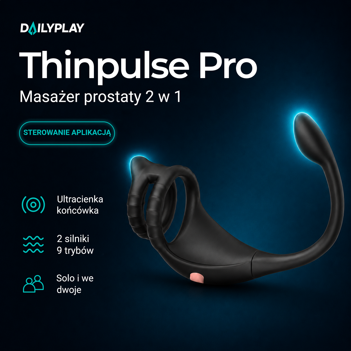 Masażer prostaty Thinpulse Pro 2 w 1: ultracienka końcówka, 2 silniki, 9 trybów, sterowanie aplikacją