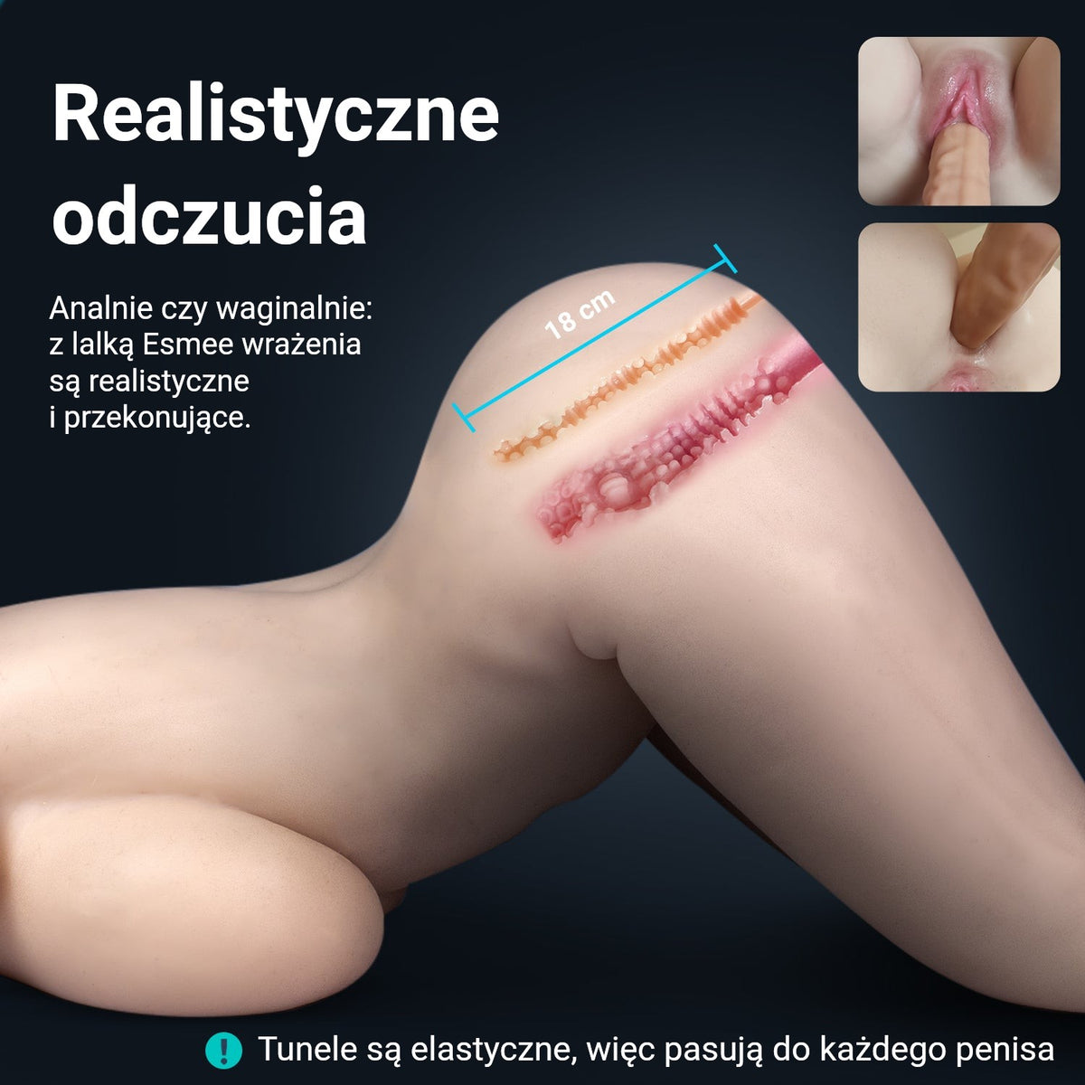 Infografika sex lalki Esmee: realistyczne odczucia, rozciągliwy tunel pochwowy i analny o długości 18 cm