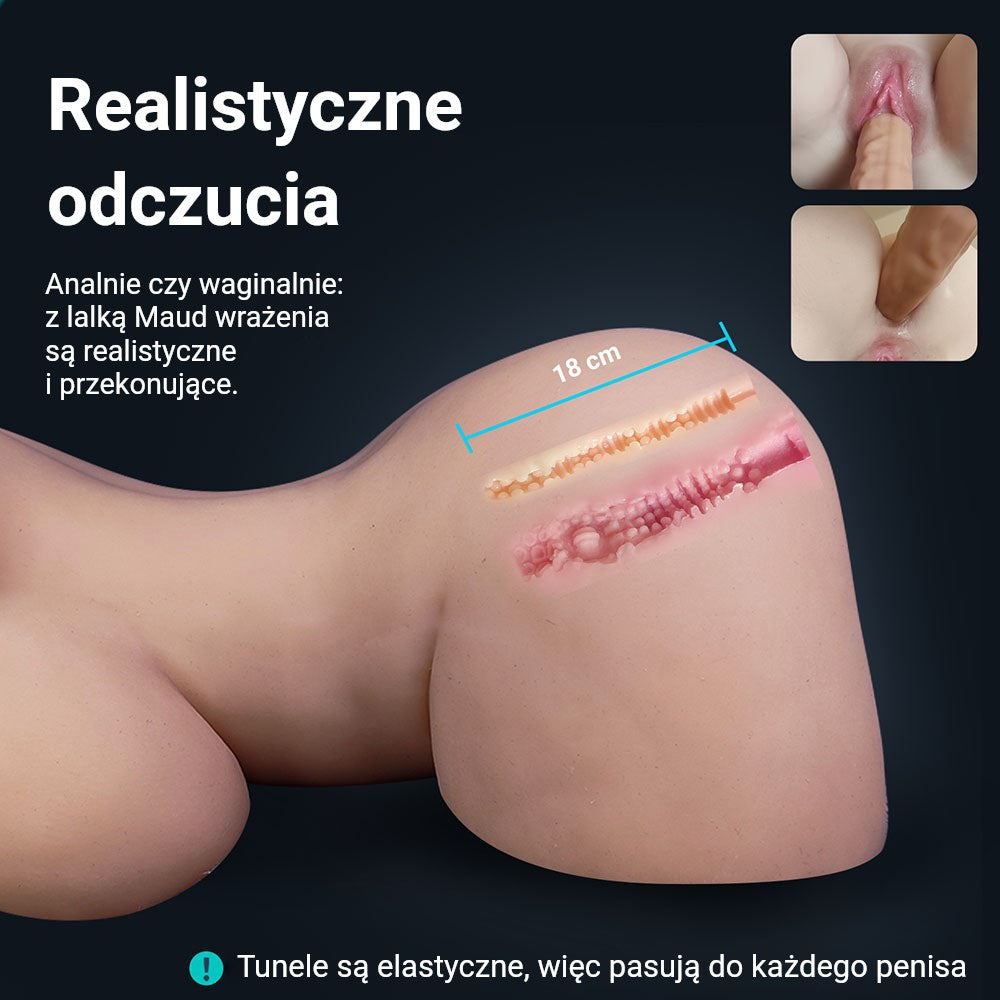 Infografika sex lalki Maud: realistyczne odczucia, rozciągliwy tunel pochwowy i analny o długości 18 cm