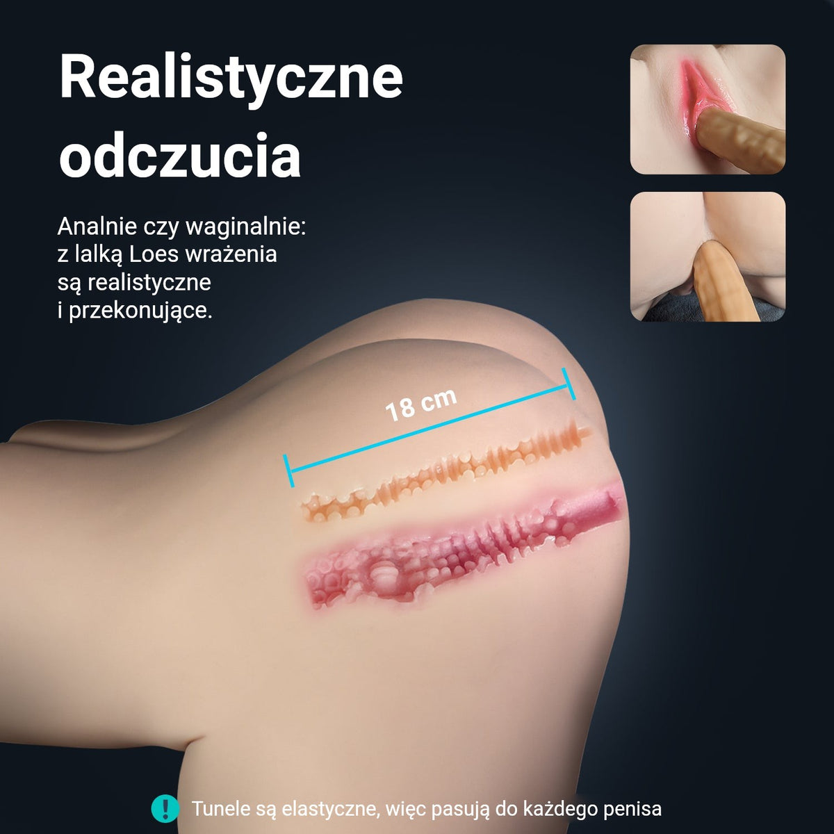Infografika Loes: realistyczne odczucia, rozciągliwy tunel pochwowy i analny o długości 18 cm