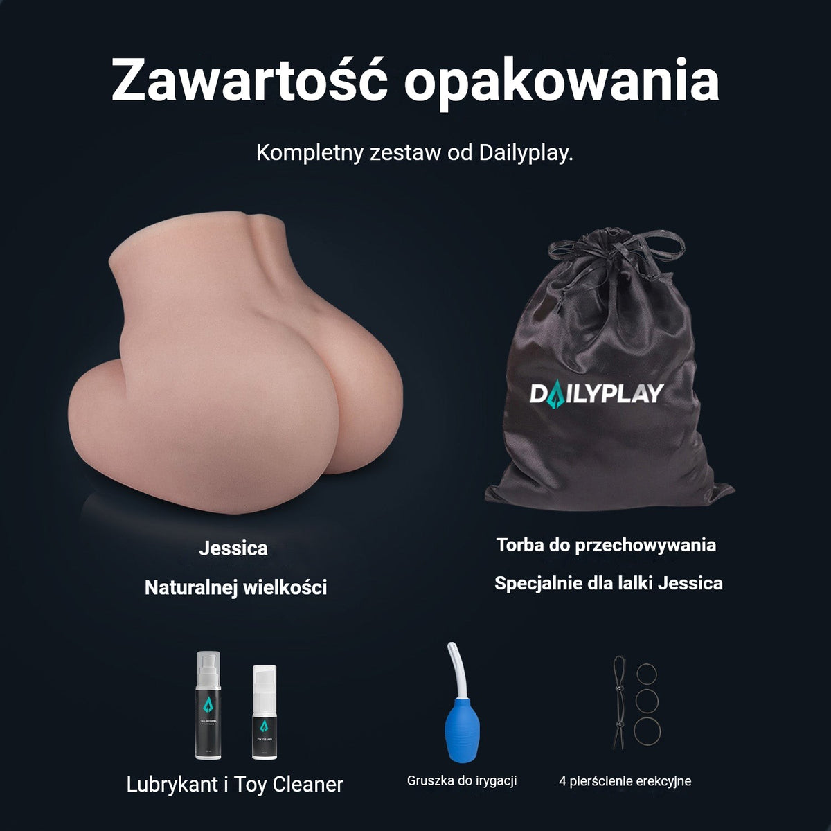 Zawartość opakowania Jessica: sztuczne pośladki, torba do przechowywania, lubrykant, Toy Cleaner, gruszka do irygacji i 4 pierścienie erekcyjne