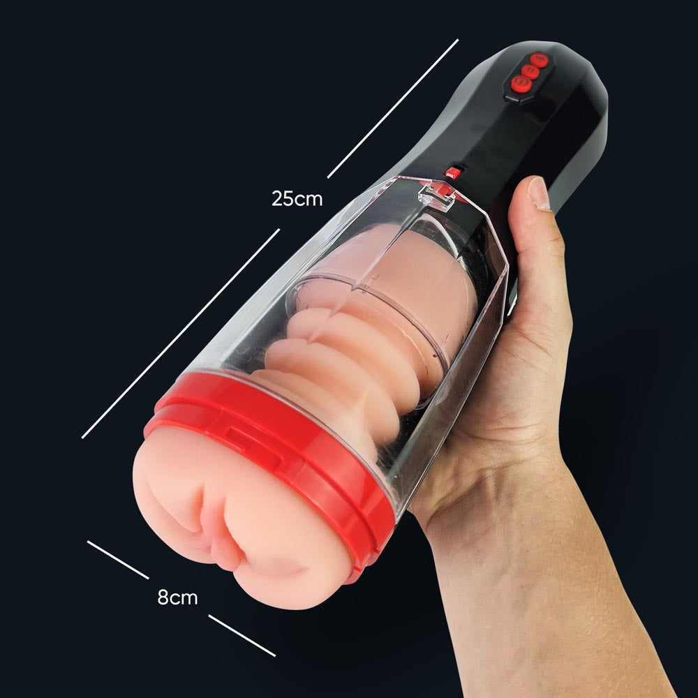 Maße des automatischen Masturbators Mila: 25 cm lang, 8 cm breit, in der Hand gehalten