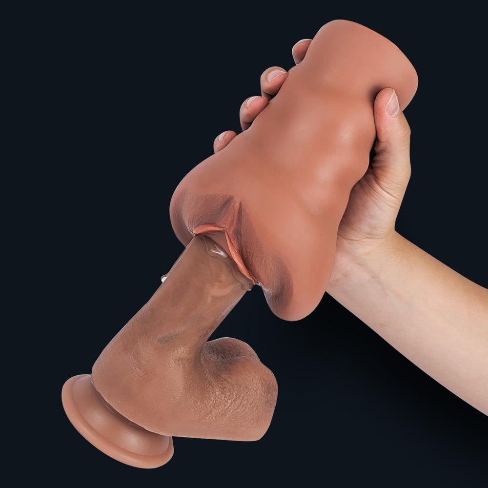 Emma pocket pussy slid over a dildo in a hand, usage demonstration
