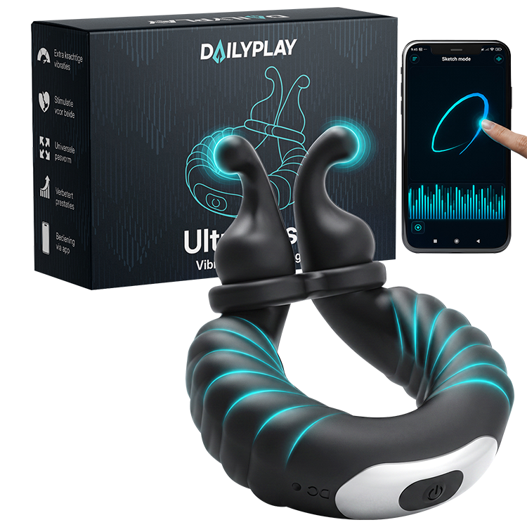 Wibrujący pierścień erekcyjny Ultrapulse obok opakowania Dailyplay i smartfona z aplikacją sterującą