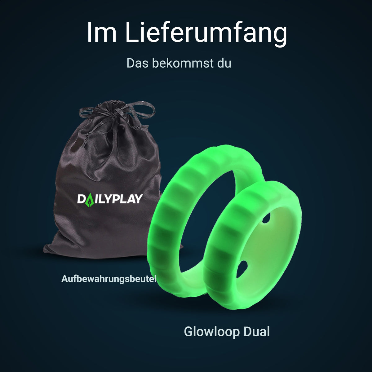Lieferumfang: Glowloop Dual Cockring und Aufbewahrungsbeutel