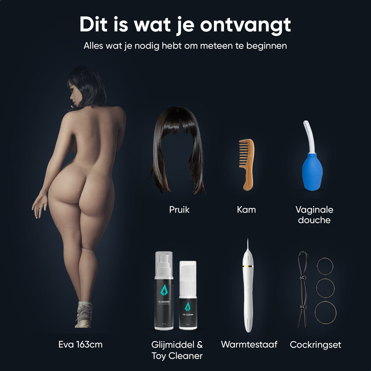 What's in the box, sex doll Eva 163 cm: doll, wig, comb, vaginal douche, lube, Toy Cleaner, heating rod and cock ring set