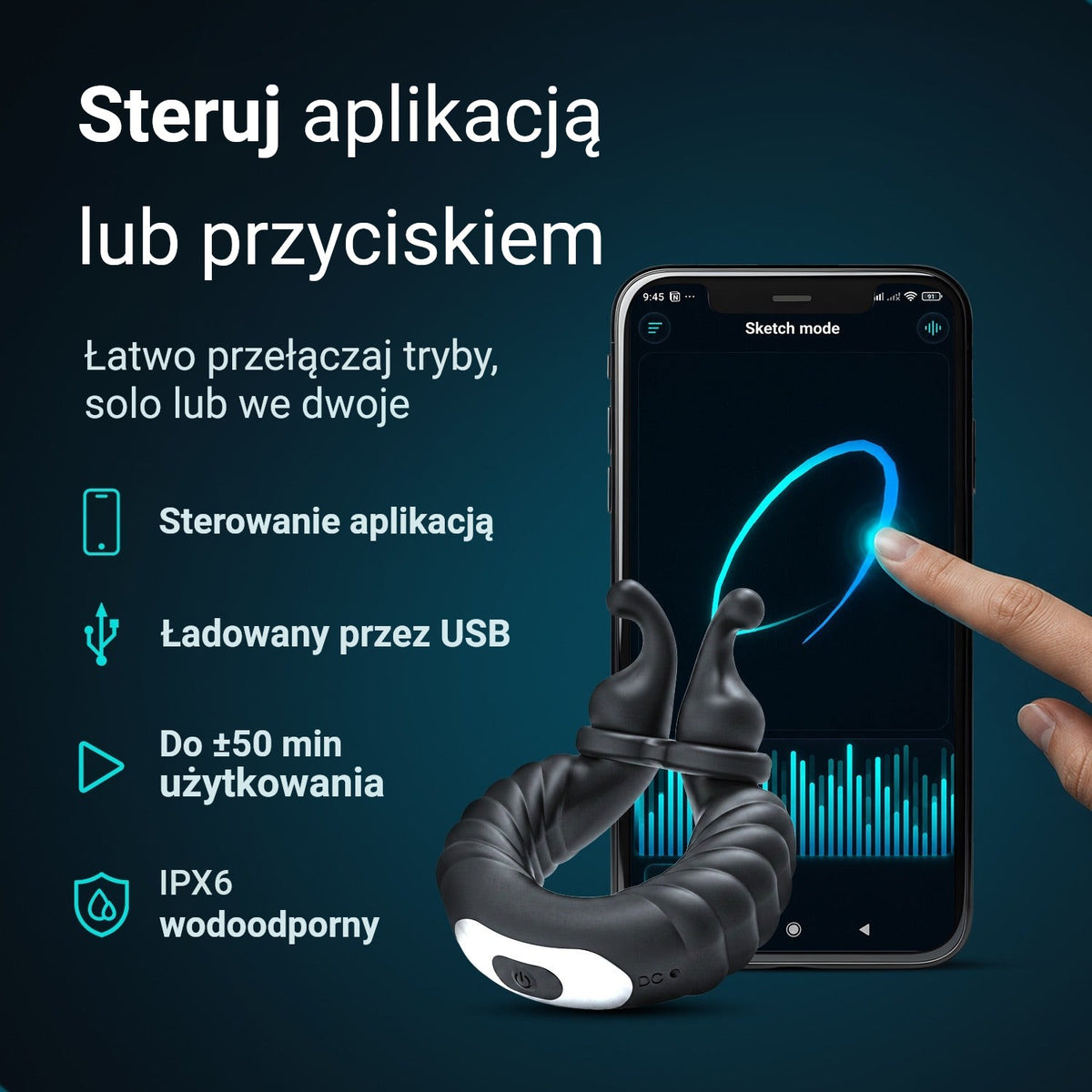 Pierścień erekcyjny Ultrapulse: sterowanie aplikacją, ładowany przez USB, do 50 min pracy, wodoodporny IPX6