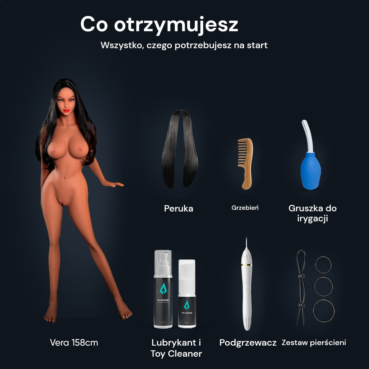 Zawartość opakowania sex lalki Vera 158 cm: lalka, peruka, grzebień, gruszka do irygacji, lubrykant, Toy Cleaner, podgrzewacz i zestaw pierścieni erekcyjnych