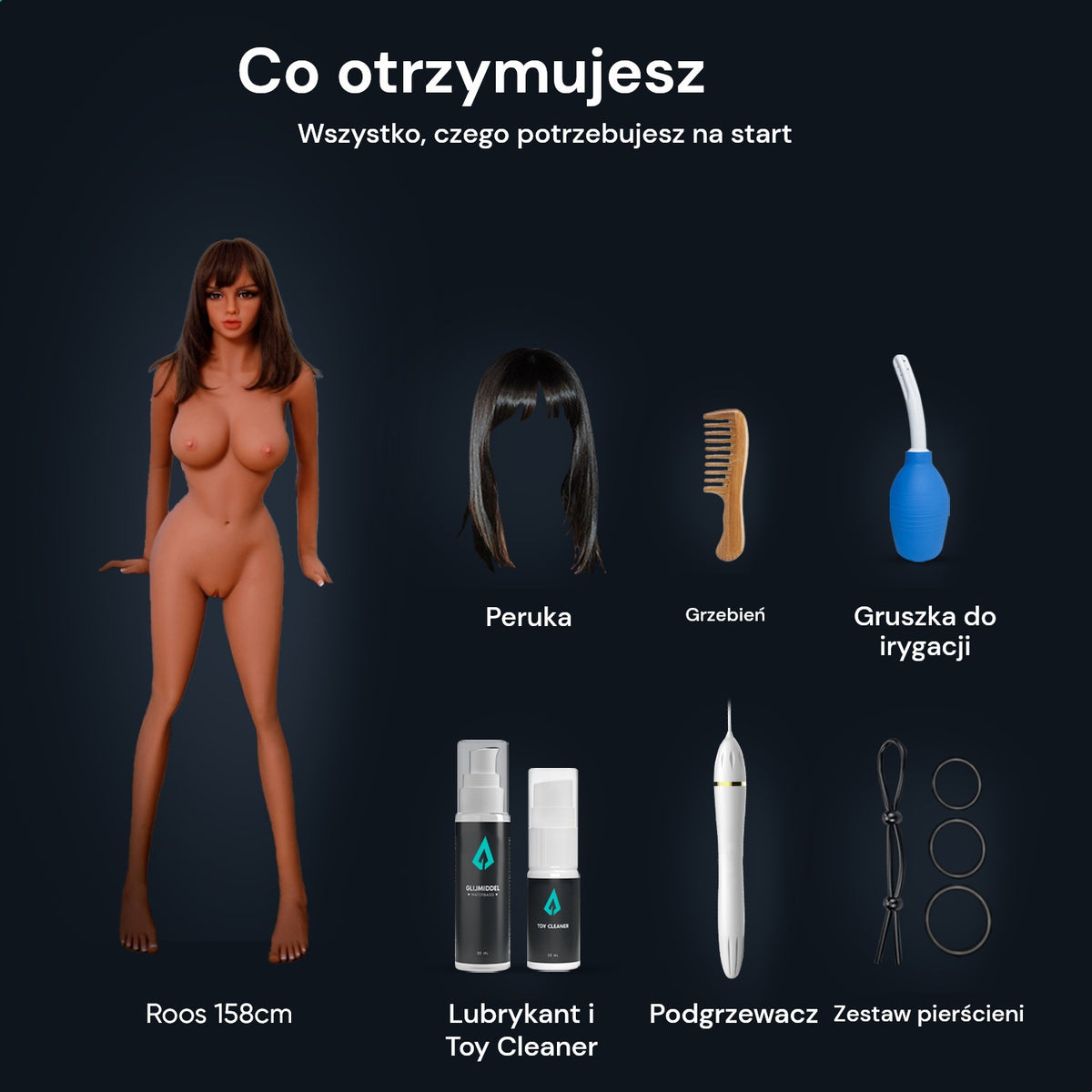 Zawartość opakowania sex lalki Roos 158 cm: lalka, peruka, grzebień, gruszka do irygacji, lubrykant, Toy Cleaner, podgrzewacz i zestaw pierścieni erekcyjnych