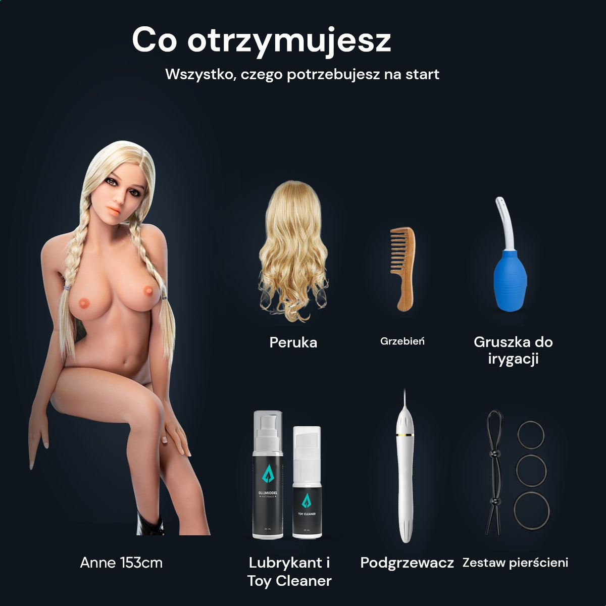 Zawartość opakowania sex lalki Anne 153 cm: lalka, peruka, grzebień, gruszka do irygacji, lubrykant, Toy Cleaner, podgrzewacz i zestaw pierścieni erekcyjnych