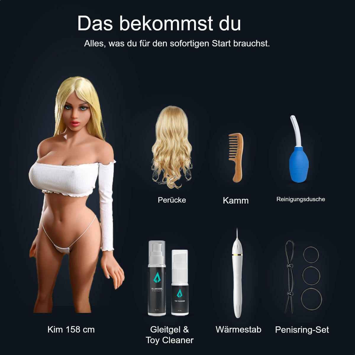 Lieferumfang Sexpuppe Kim 158 cm: Puppe, Perücke, Kamm, Reinigungsdusche, Gleitgel, Toy Cleaner, Wärmestab und Penisring-Set