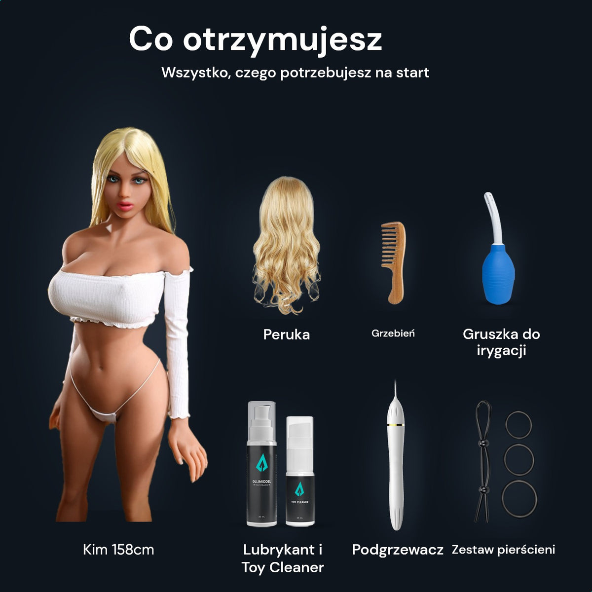 Zawartość opakowania sex lalki Kim 158 cm: lalka, peruka, grzebień, gruszka do irygacji, lubrykant, Toy Cleaner, podgrzewacz i zestaw pierścieni erekcyjnych