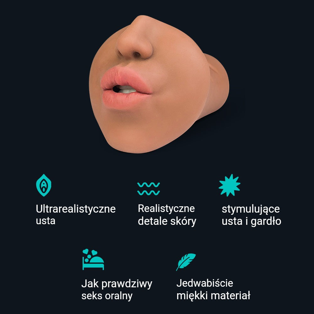 Cechy: masturbator oralny Julia, ultrarealistyczne wargi, realistyczne detale skóry, stymulujące usta i gardło, jedwabiście miękki materiał